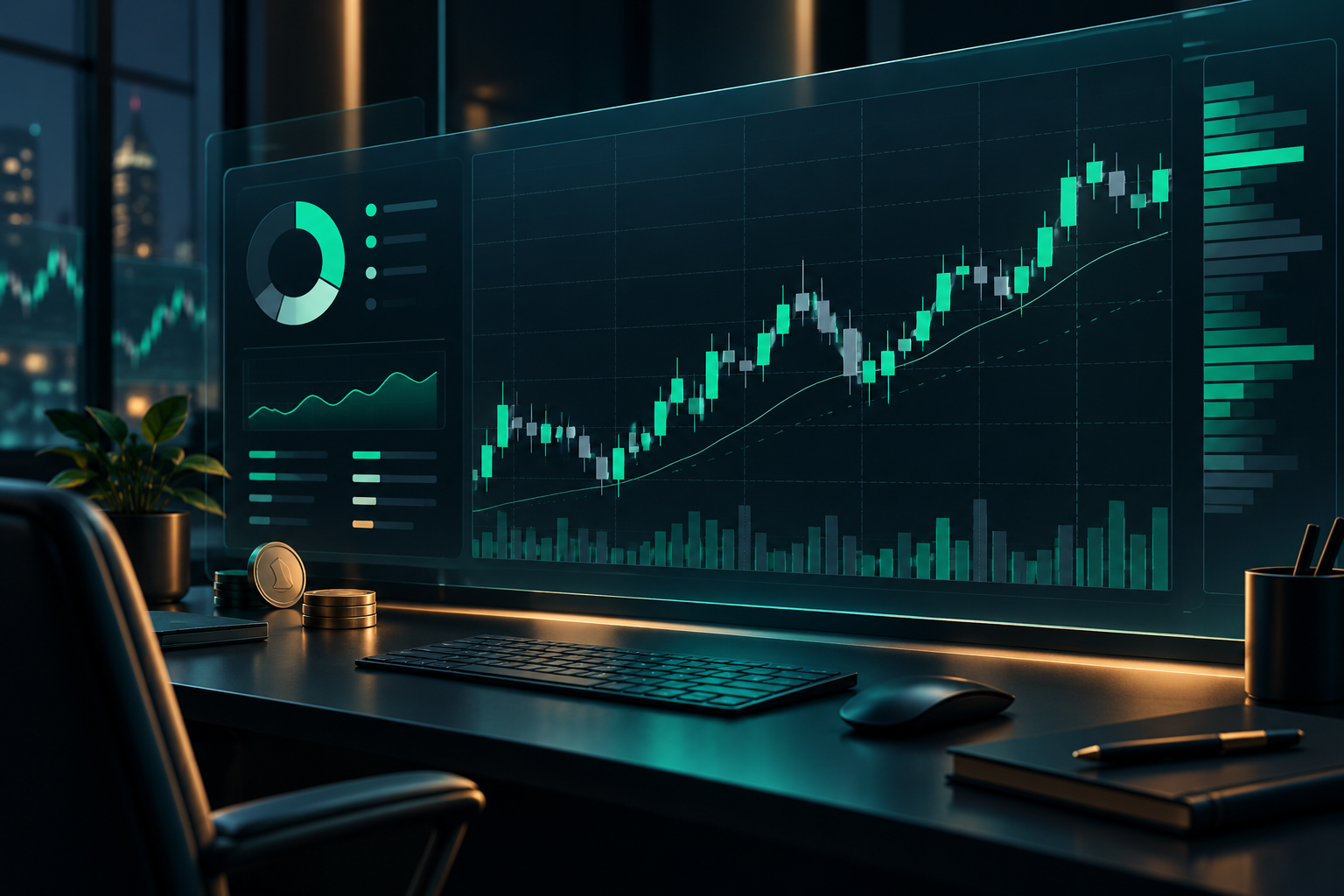 Illustration of a trading workspace with market charts